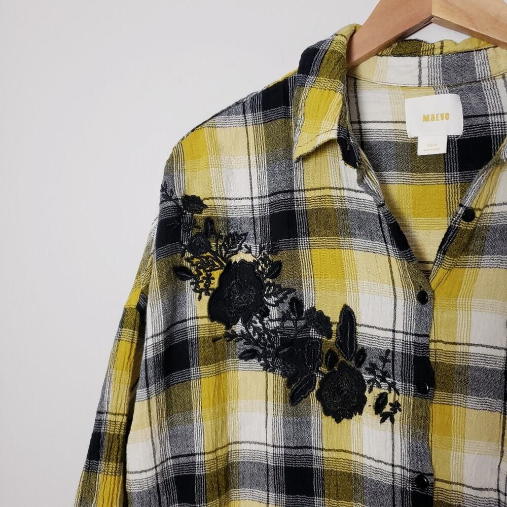 Maeve Anthropologie Plaid Flannel Tunic Floral Embroidered Oversized Shirt XS - Picture 11 of 12